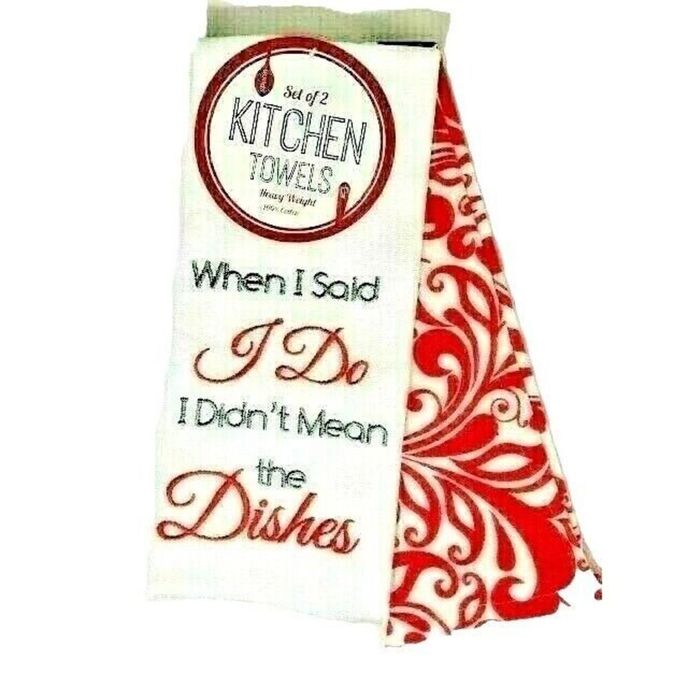 When I Said I Do Kitchen Towels Embroidered Text Red Paisley White New Home Gift